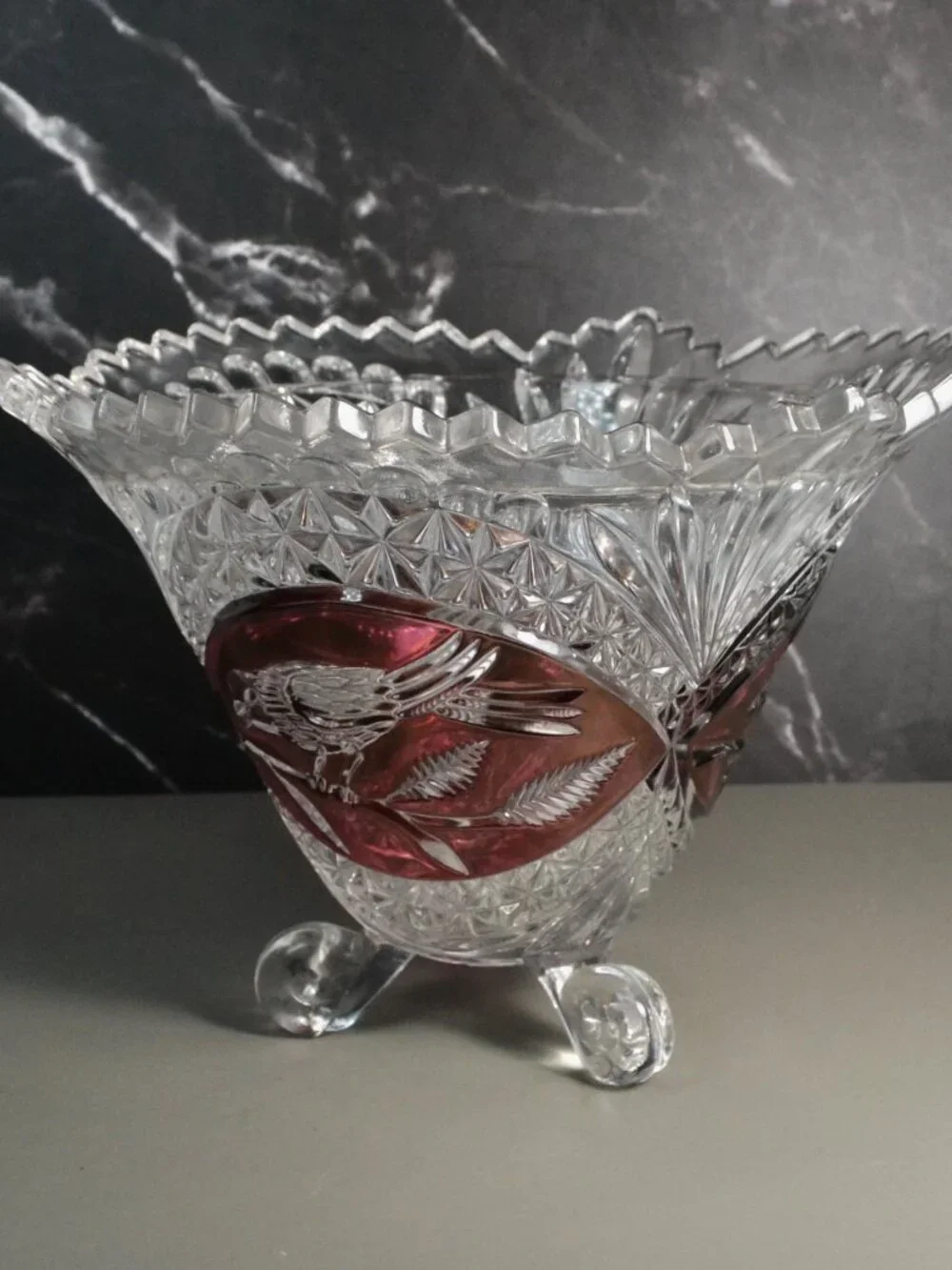 Hofbauer Byrdes Ruby Red Crystal 3 Footed Bowl Germany Vintage